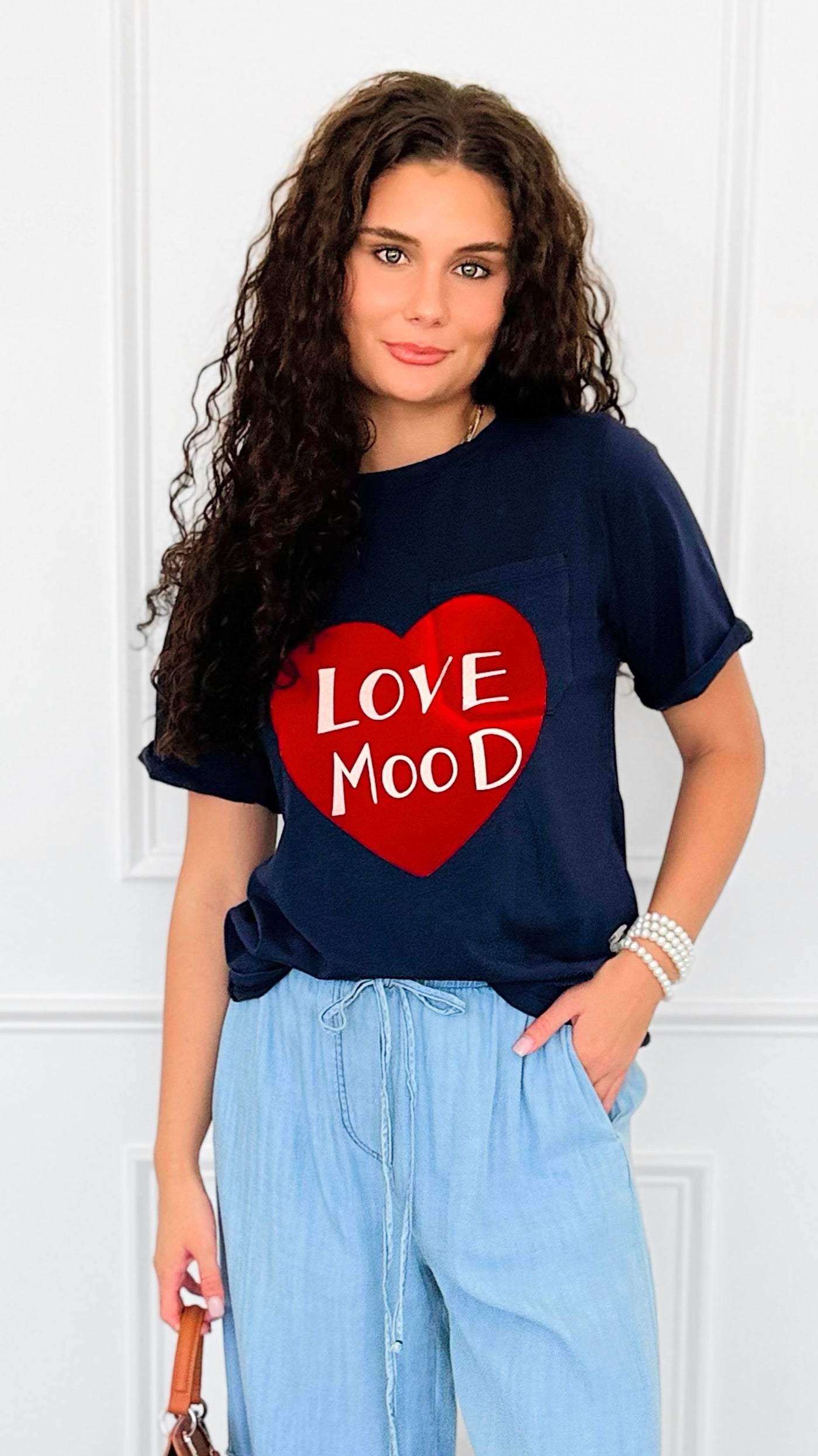 Love Mood Italian Graphic tee- Navy-110 short Sleeve Top-V SKY-Coastal Bloom Boutique, find the trendiest versions of the popular styles and looks Located in Indialantic, FL