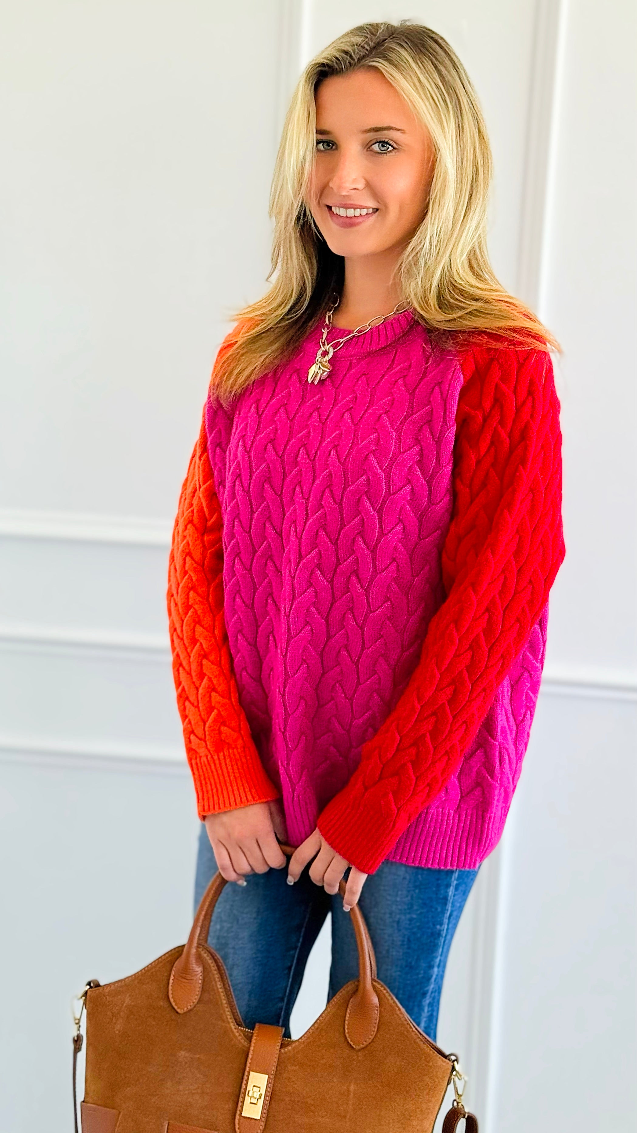 Contrast Colors Cable Knit Sweater-140 Sweaters-ROUSSEAU-Coastal Bloom Boutique, find the trendiest versions of the popular styles and looks Located in Indialantic, FL