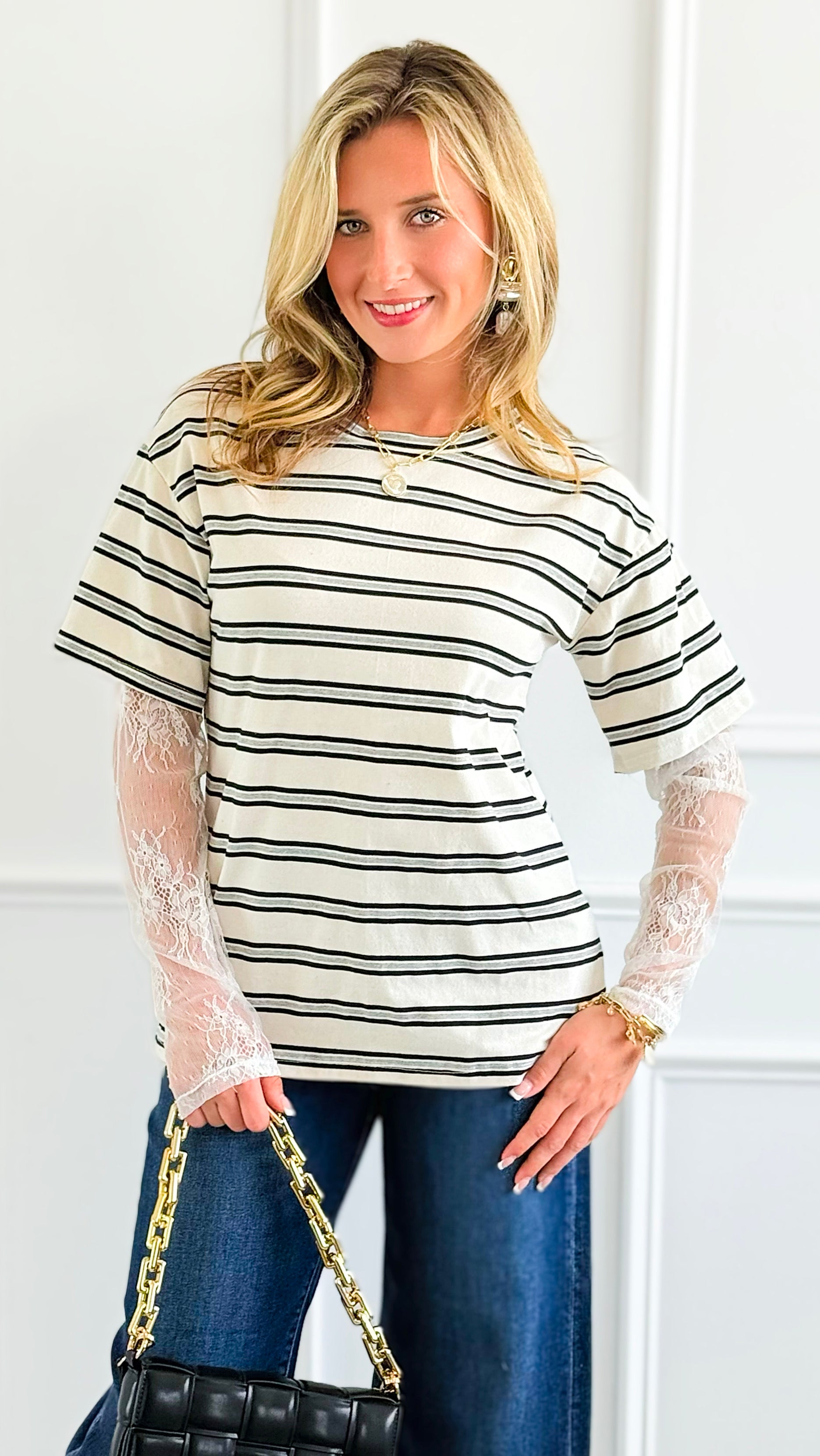 Stripe Contrast Lace Sleeve Italian Top-110 Long Sleeve Tops-Mitica & Co-Coastal Bloom Boutique, find the trendiest versions of the popular styles and looks Located in Indialantic, FL