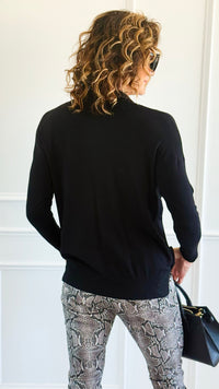 Polished Collar Knit Polo Top - Black-130 Long Sleeve Tops-ROUSSEAU-Coastal Bloom Boutique, find the trendiest versions of the popular styles and looks Located in Indialantic, FL