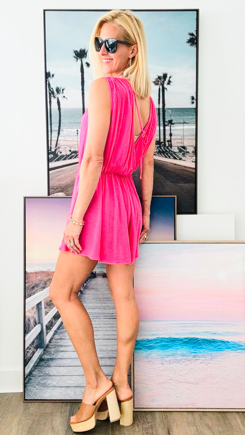 Woven Crinkle Draped Romper - Fuchsia-200 Dresses/Jumpsuits/Rompers-Zenana-Coastal Bloom Boutique, find the trendiest versions of the popular styles and looks Located in Indialantic, FL