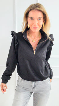 Ruffle Zip Cotton Knit Top-130 Long Sleeve Tops-Umgee-Coastal Bloom Boutique, find the trendiest versions of the popular styles and looks Located in Indialantic, FL