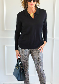 Polished Collar Knit Polo Top - Black-130 Long Sleeve Tops-ROUSSEAU-Coastal Bloom Boutique, find the trendiest versions of the popular styles and looks Located in Indialantic, FL