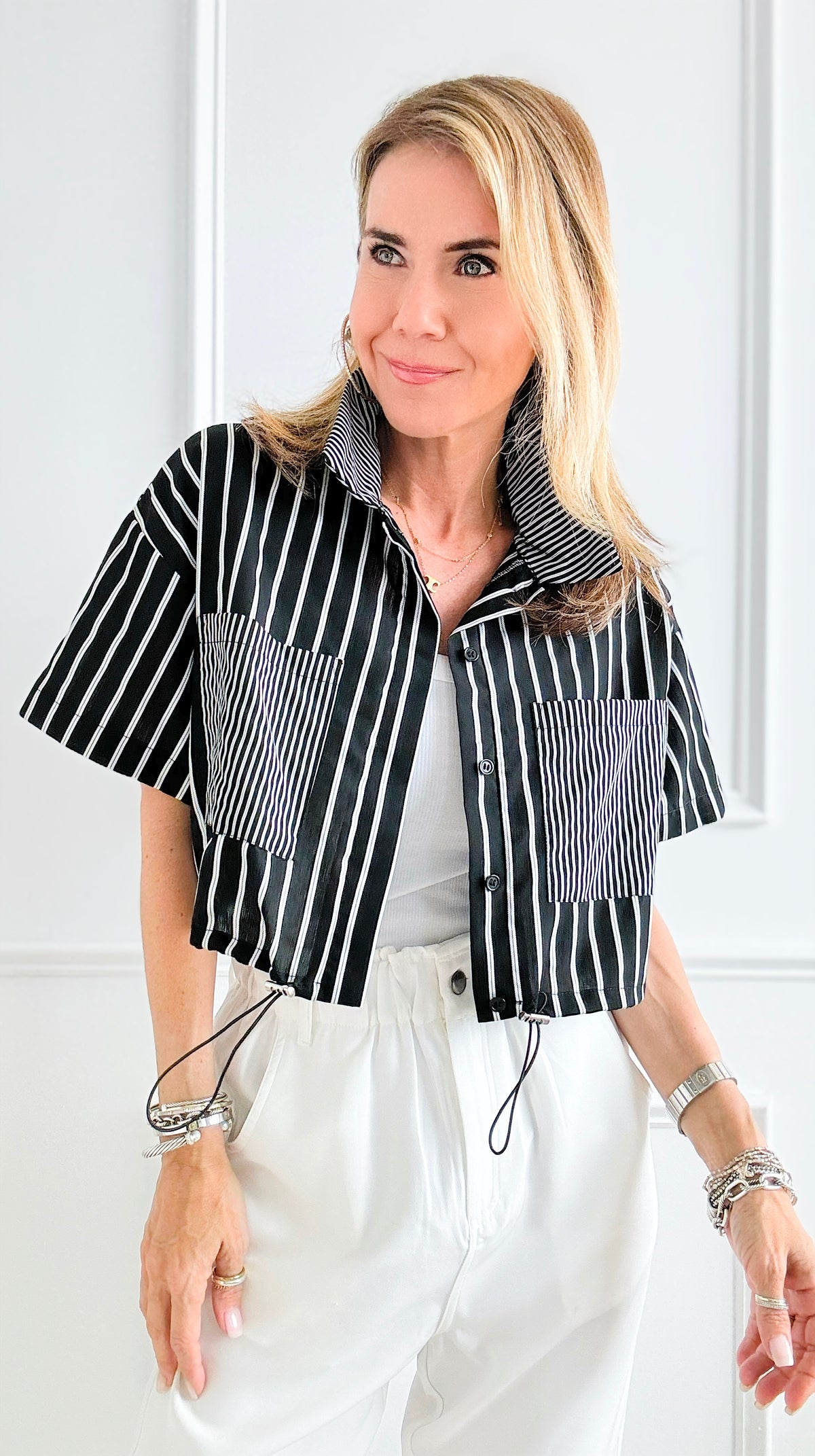 Adjustable Cropped Striped Top - Black-110 Short Sleeve Tops-Love Tree Fashion-Coastal Bloom Boutique, find the trendiest versions of the popular styles and looks Located in Indialantic, FL
