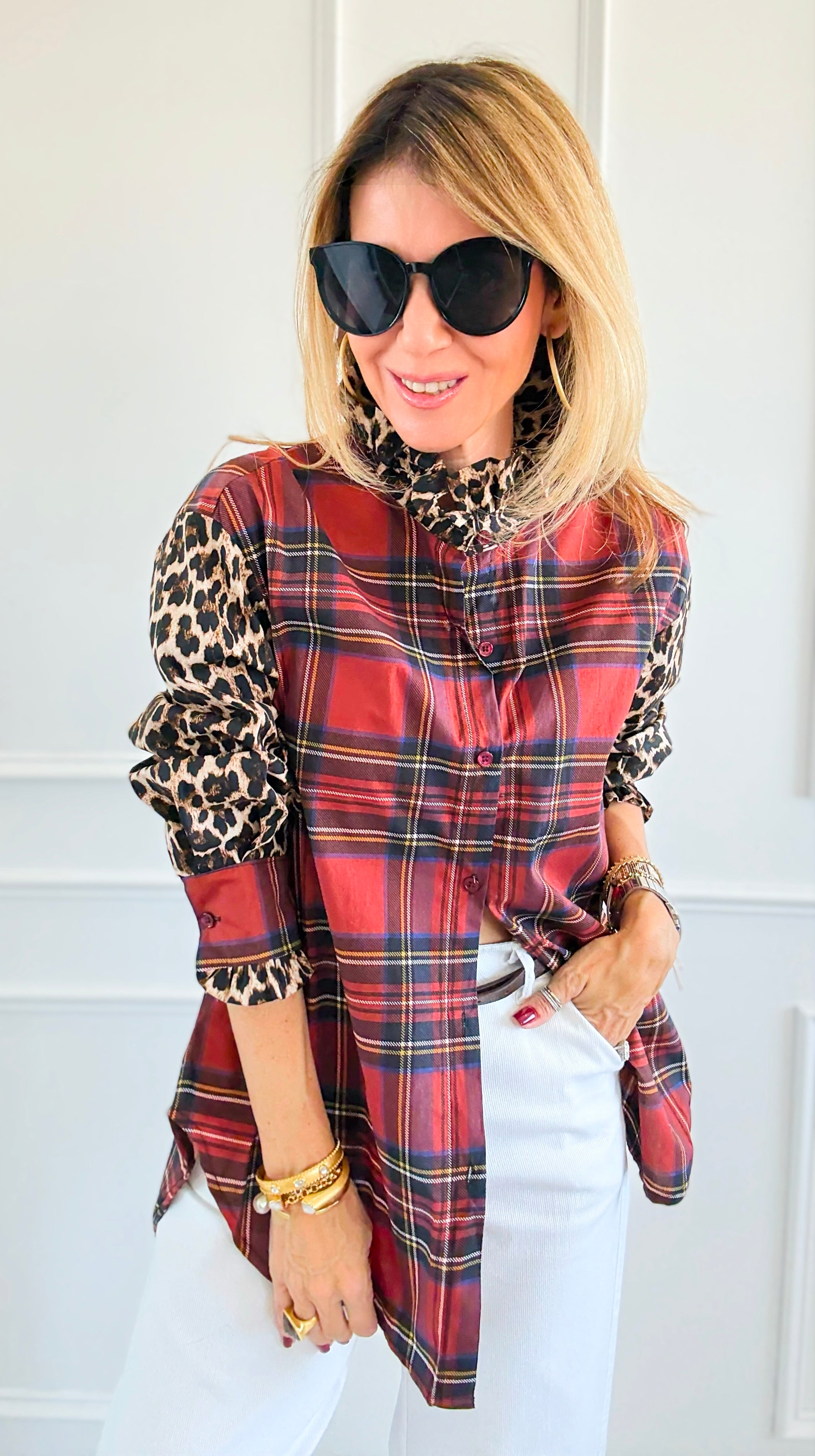 Rebel Ruffled Plaid & Leopard Italian Shirt-110 Long Sleeve Tops-TATTOO Z-Coastal Bloom Boutique, find the trendiest versions of the popular styles and looks Located in Indialantic, FL