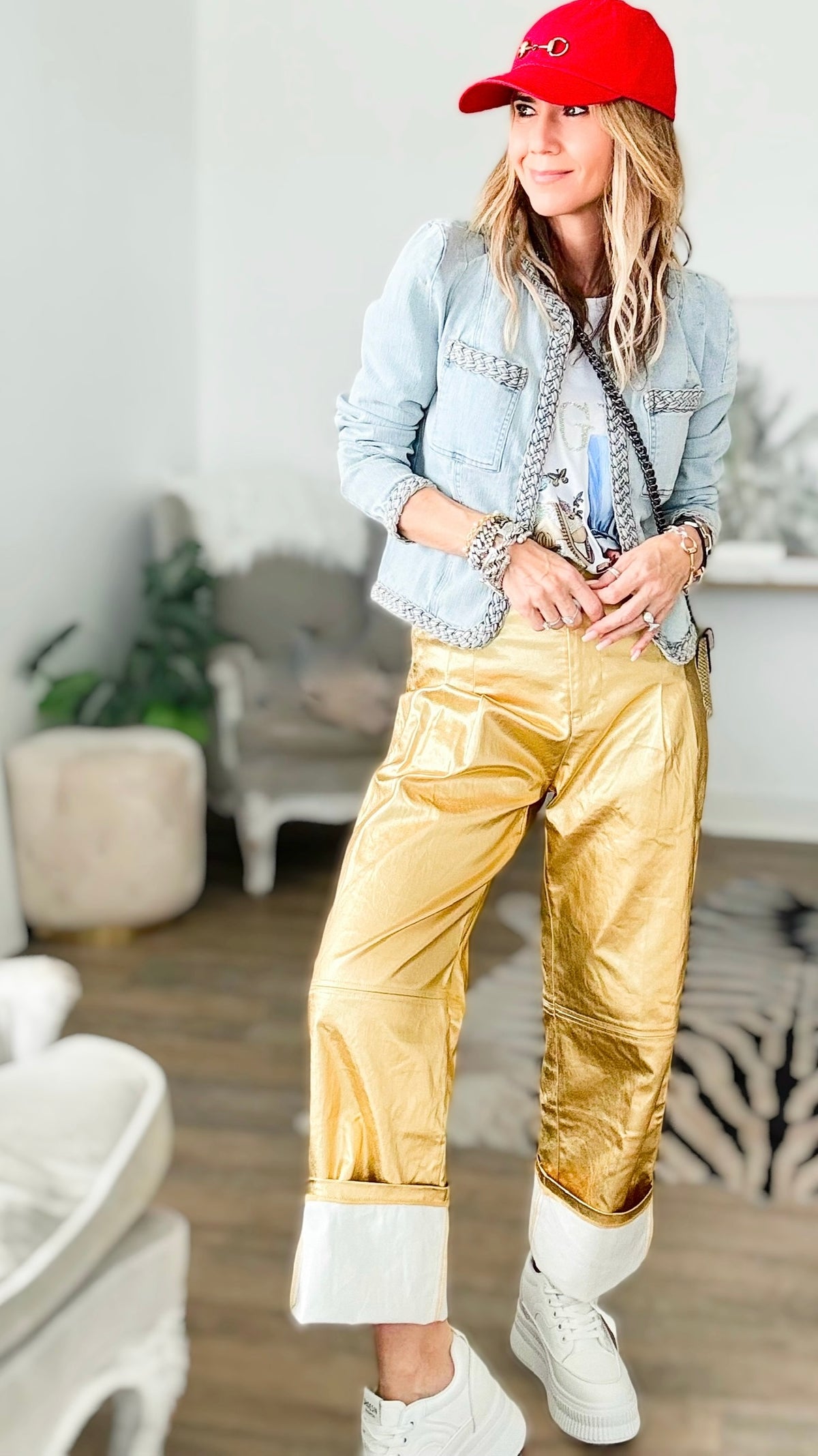 Metallic Strech Twill Pants-Gold-170 Bottoms-Edit By Nine-Coastal Bloom Boutique, find the trendiest versions of the popular styles and looks Located in Indialantic, FL