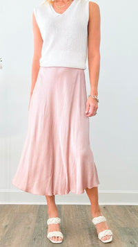 Brooklyn Italian Satin Midi Skirt - Blush-170 Bottoms-Italianissimo-Coastal Bloom Boutique, find the trendiest versions of the popular styles and looks Located in Indialantic, FL