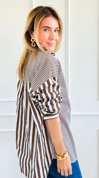Stripe & Leopard Trim Italian Woven Blouse-110 Long Sleeve Tops-AMIRA-Coastal Bloom Boutique, find the trendiest versions of the popular styles and looks Located in Indialantic, FL