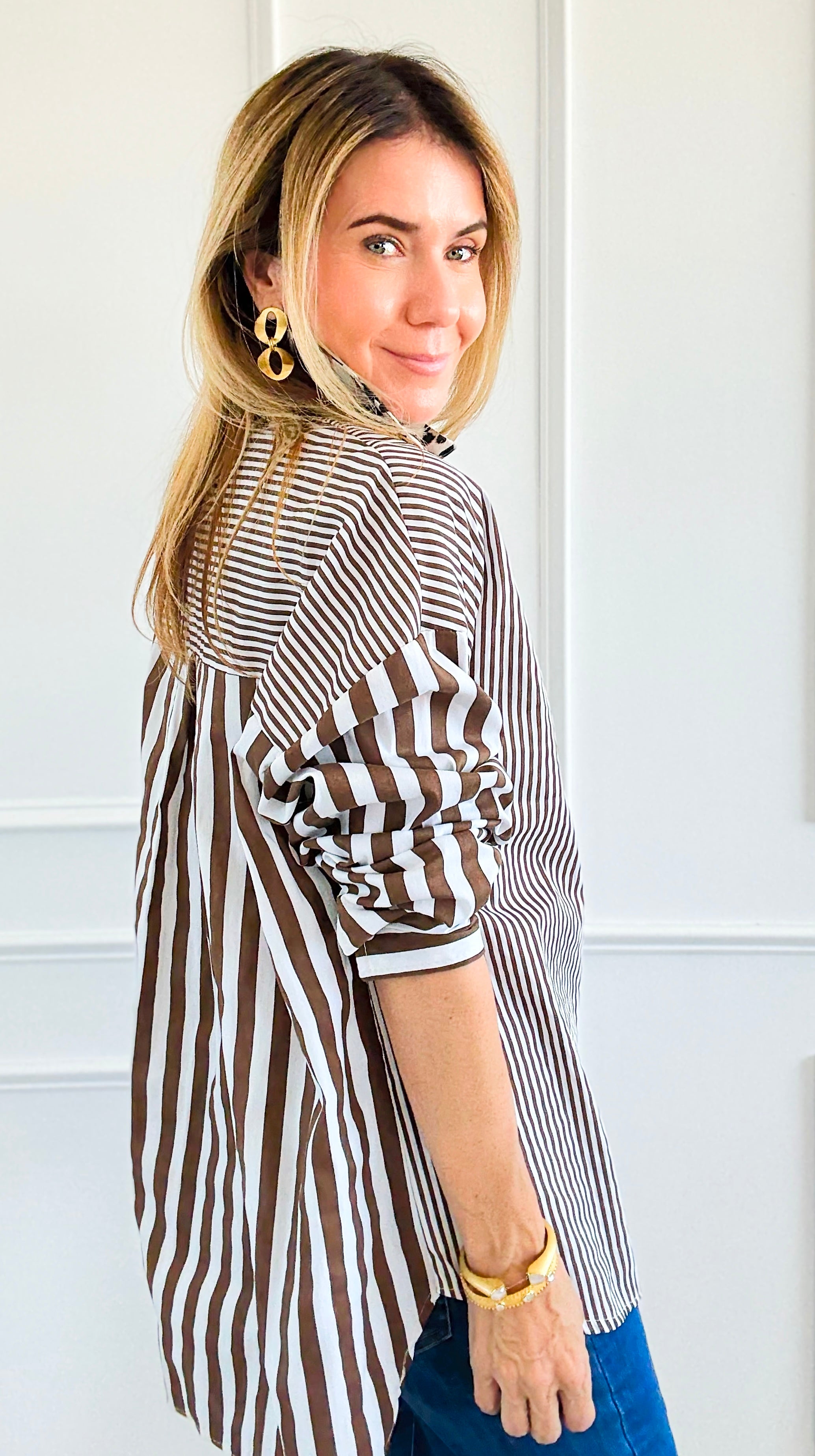 Stripe & Leopard Trim Italian Woven Blouse-110 Long Sleeve Tops-AMIRA-Coastal Bloom Boutique, find the trendiest versions of the popular styles and looks Located in Indialantic, FL