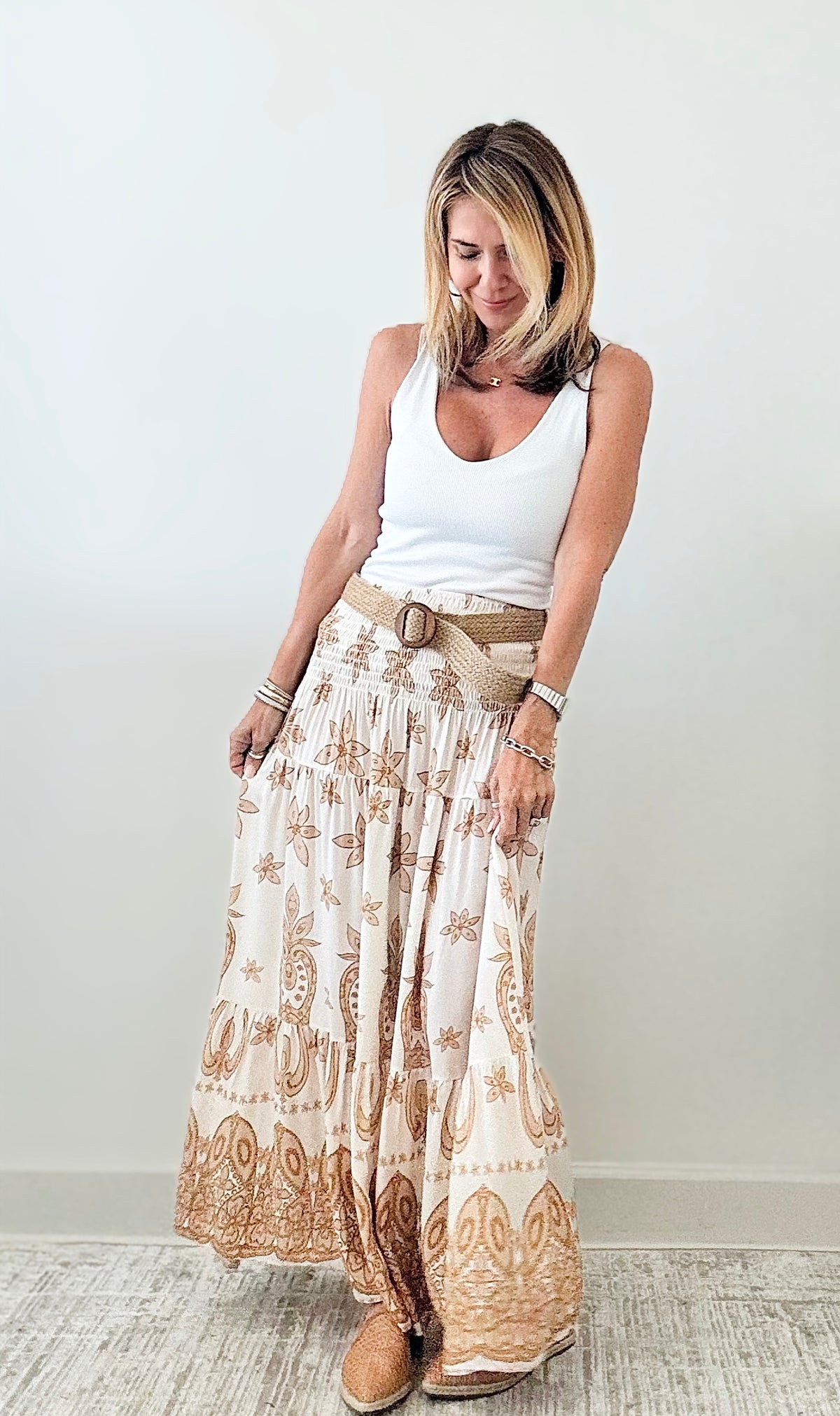 Belted Ruffle Italian Maxi Skirt - Sand /Taupe-170 Bottoms-Germany-Coastal Bloom Boutique, find the trendiest versions of the popular styles and looks Located in Indialantic, FL