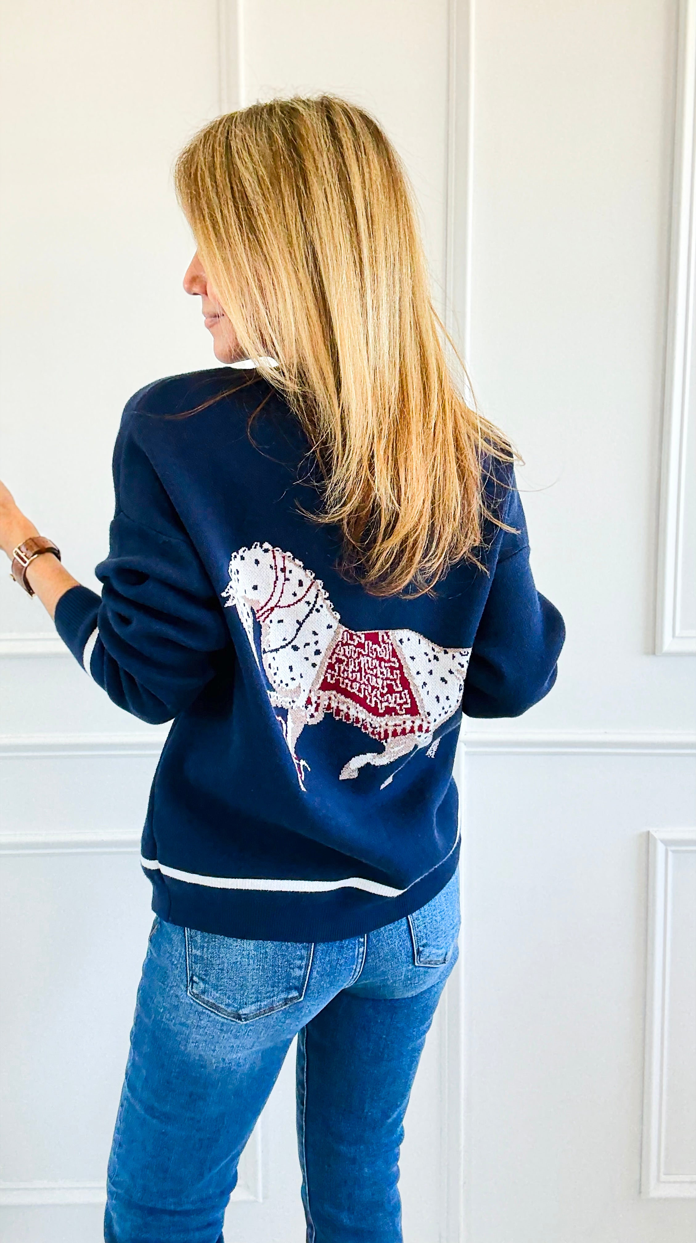 Equestrian Parade Italian Sweater- Navy-140 Sweaters-K2-Coastal Bloom Boutique, find the trendiest versions of the popular styles and looks Located in Indialantic, FL