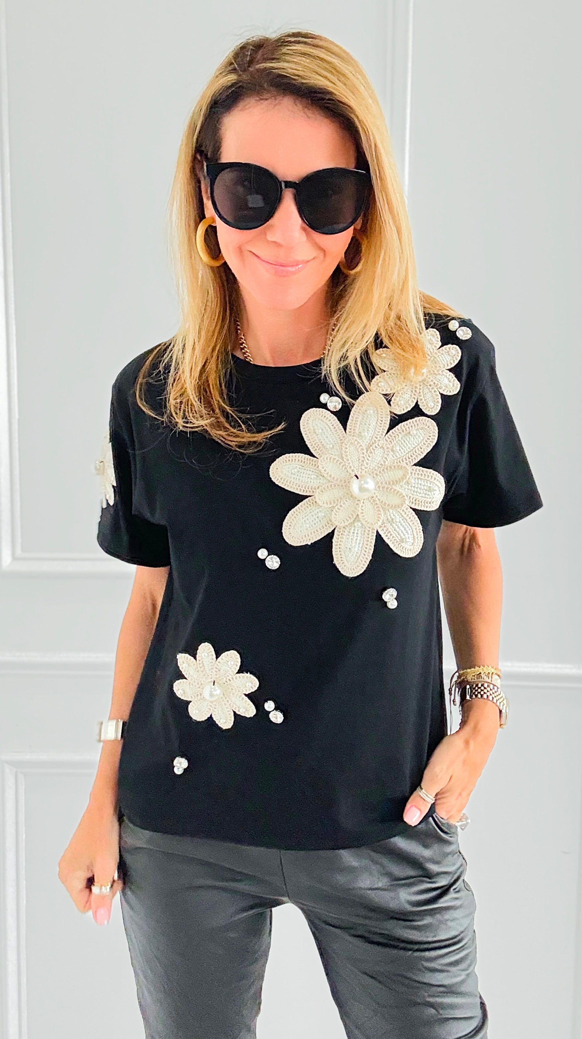 Floral Lace Patch Tee-110 short Sleeve Top-PASTEL DESIGN-Coastal Bloom Boutique, find the trendiest versions of the popular styles and looks Located in Indialantic, FL