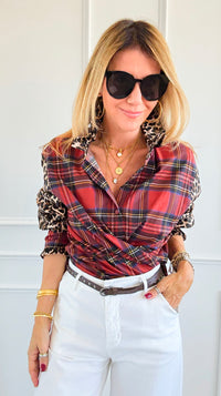 Rebel Ruffled Plaid & Leopard Italian Shirt-110 Long Sleeve Tops-TATTOO Z-Coastal Bloom Boutique, find the trendiest versions of the popular styles and looks Located in Indialantic, FL