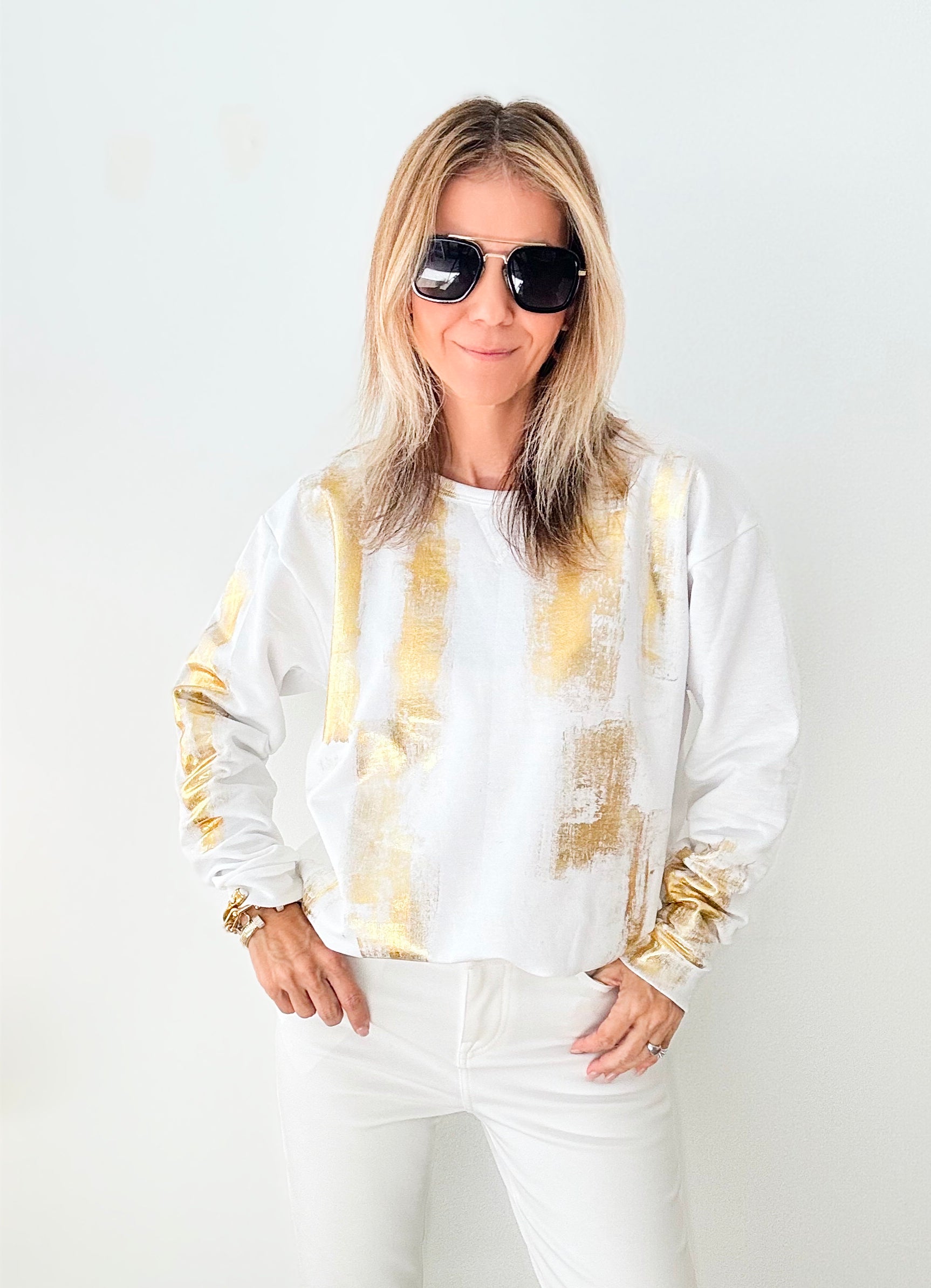 CB Custom Metallic Sweatshirt - White-130 Long Sleeve Tops-Holly-Coastal Bloom Boutique, find the trendiest versions of the popular styles and looks Located in Indialantic, FL