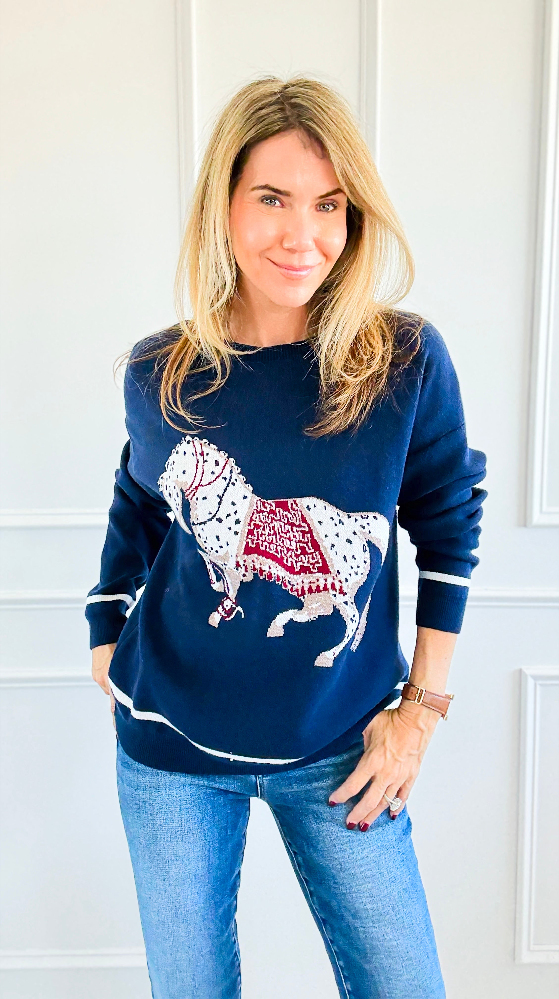 Equestrian Parade Italian Sweater- Navy-140 Sweaters-K2-Coastal Bloom Boutique, find the trendiest versions of the popular styles and looks Located in Indialantic, FL