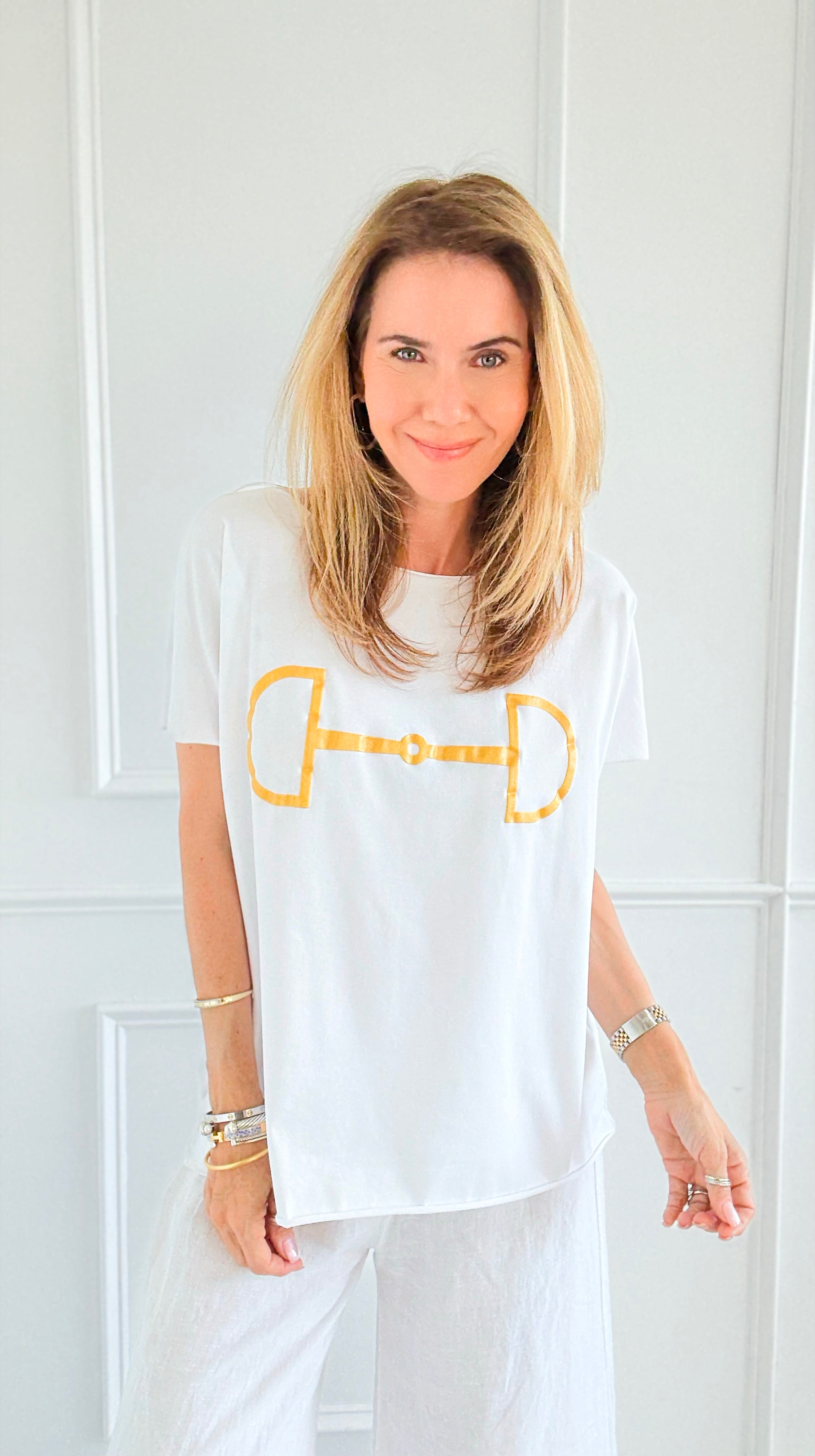 Chic Equestrian Italian Graphic tee- White/Gold-110 Short Sleeve Tops-Italianissimo-Coastal Bloom Boutique, find the trendiest versions of the popular styles and looks Located in Indialantic, FL