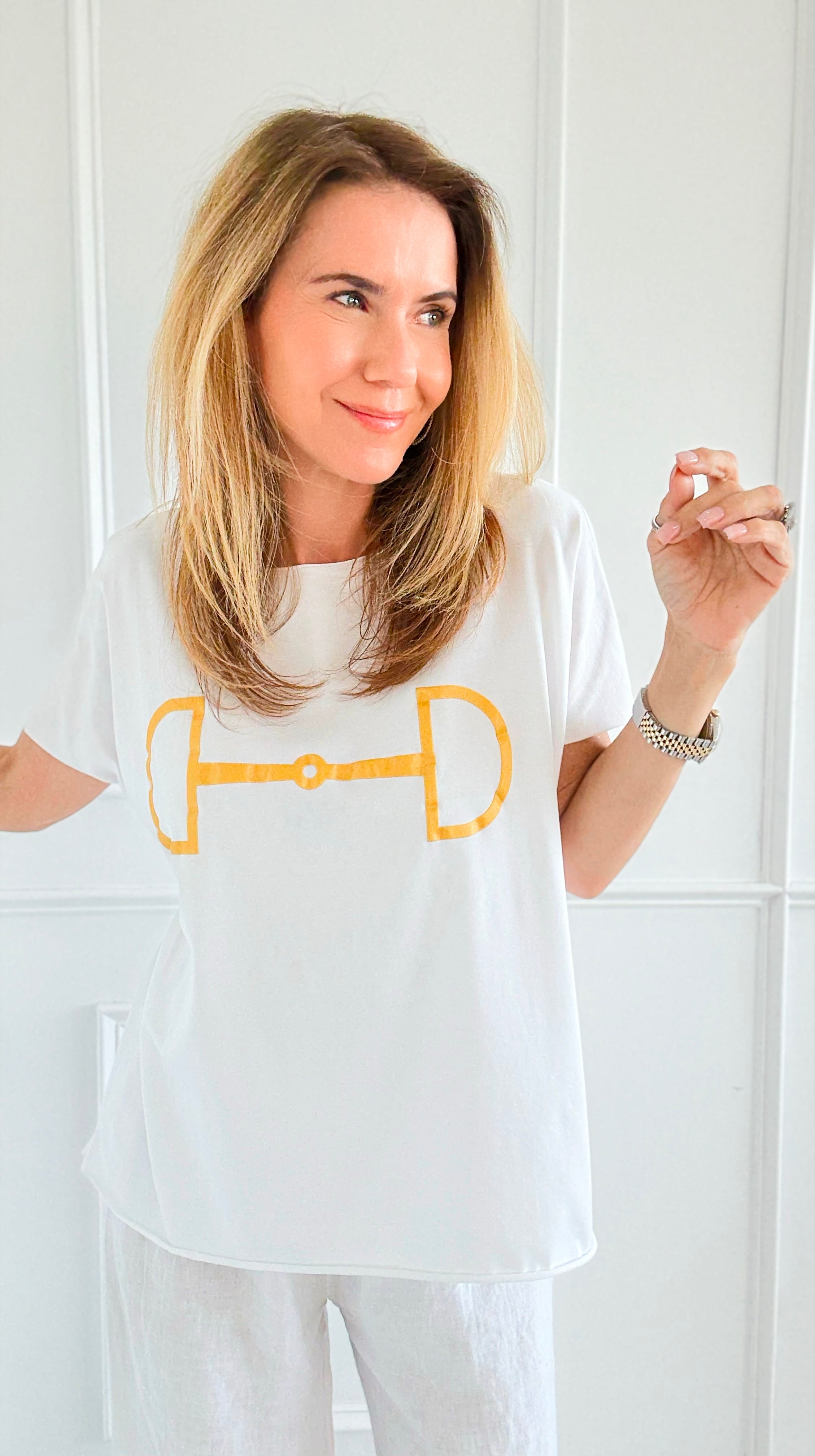 Chic Equestrian Italian Graphic tee- White/Gold-110 Short Sleeve Tops-Italianissimo-Coastal Bloom Boutique, find the trendiest versions of the popular styles and looks Located in Indialantic, FL