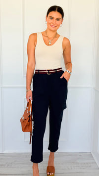 Trendy Belted Cargo Italian Jogger Pants- Navy-100 Pants-AZUL MONACO-Coastal Bloom Boutique, find the trendiest versions of the popular styles and looks Located in Indialantic, FL