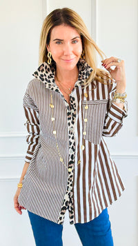 Stripe & Leopard Trim Italian Woven Blouse-110 Long Sleeve Tops-AMIRA-Coastal Bloom Boutique, find the trendiest versions of the popular styles and looks Located in Indialantic, FL