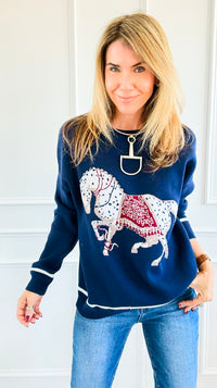 Equestrian Parade Italian Sweater- Navy-140 Sweaters-K2-Coastal Bloom Boutique, find the trendiest versions of the popular styles and looks Located in Indialantic, FL