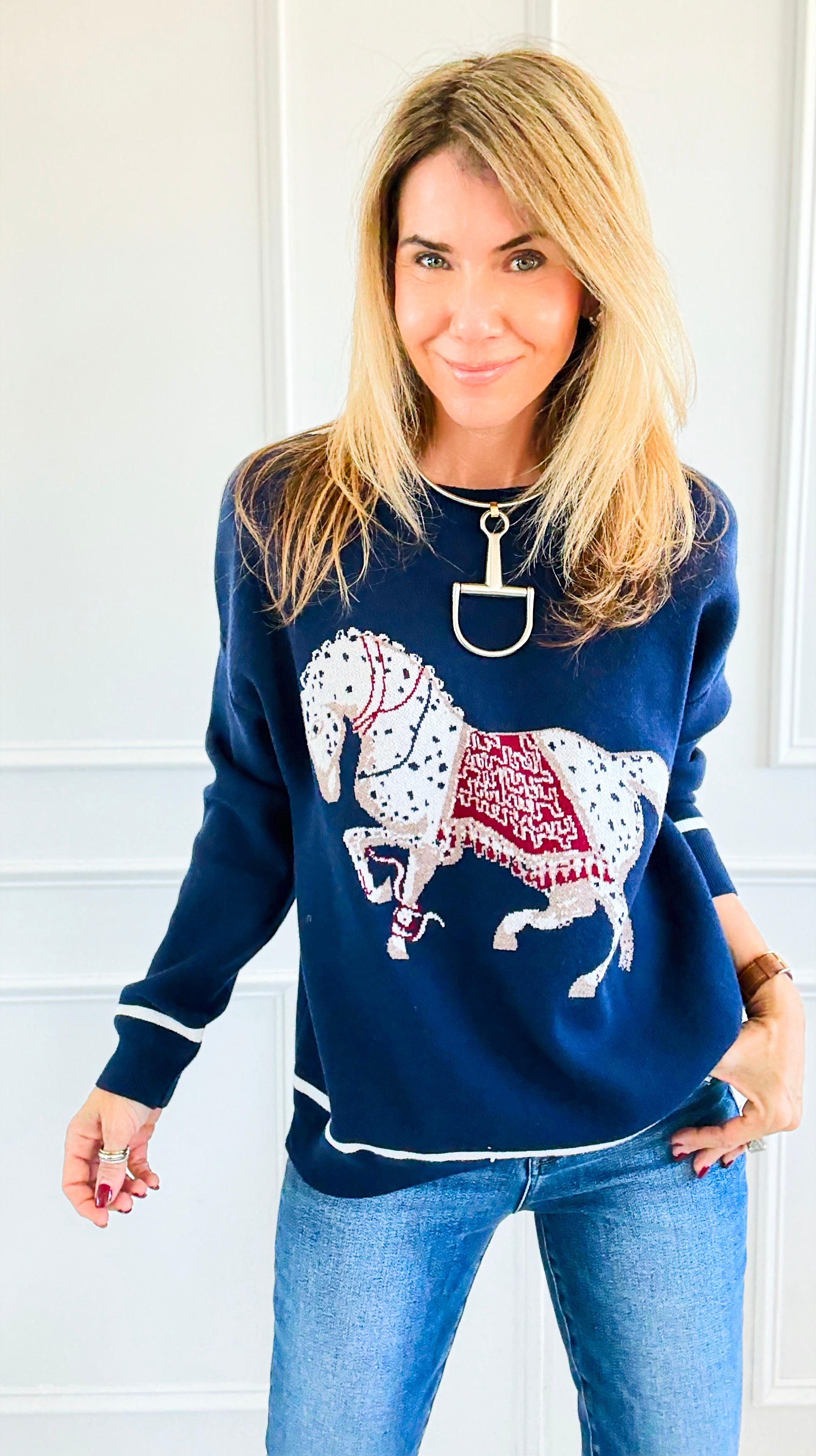 Equestrian Parade Italian Sweater- Navy-140 Sweaters-K2-Coastal Bloom Boutique, find the trendiest versions of the popular styles and looks Located in Indialantic, FL