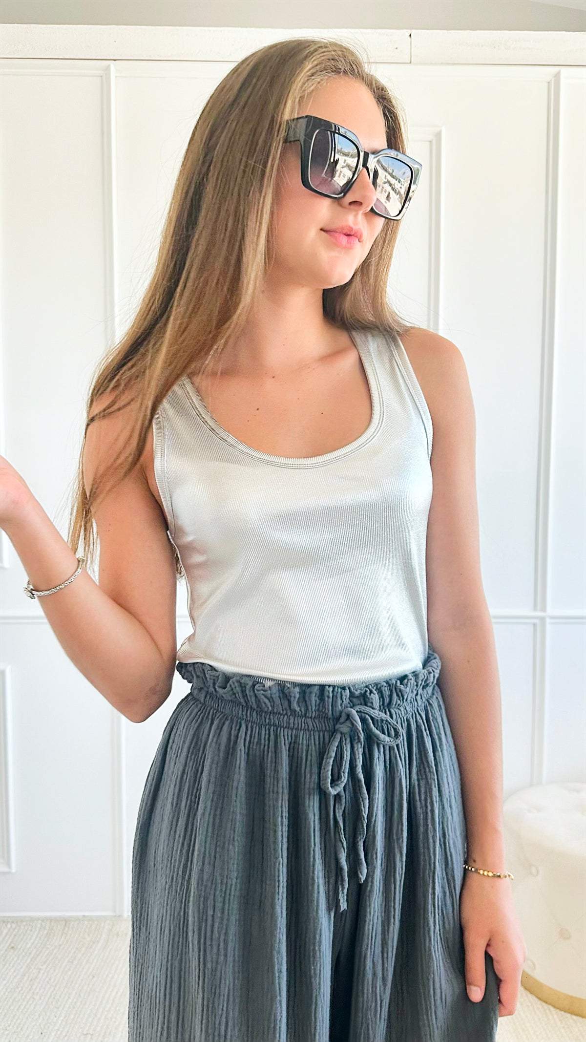 Knit Metallic Tank Top - Silver-100 Sleeveless Tops-Why Dress-Coastal Bloom Boutique, find the trendiest versions of the popular styles and looks Located in Indialantic, FL
