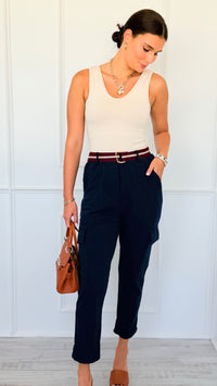 Trendy Belted Cargo Italian Jogger Pants- Navy-100 Pants-AZUL MONACO-Coastal Bloom Boutique, find the trendiest versions of the popular styles and looks Located in Indialantic, FL