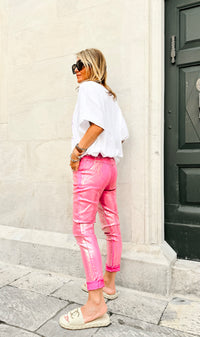 Shine-On Glistening Italian Joggers - Fuchsia/ Silver-180 Joggers-Italianissimo-Coastal Bloom Boutique, find the trendiest versions of the popular styles and looks Located in Indialantic, FL