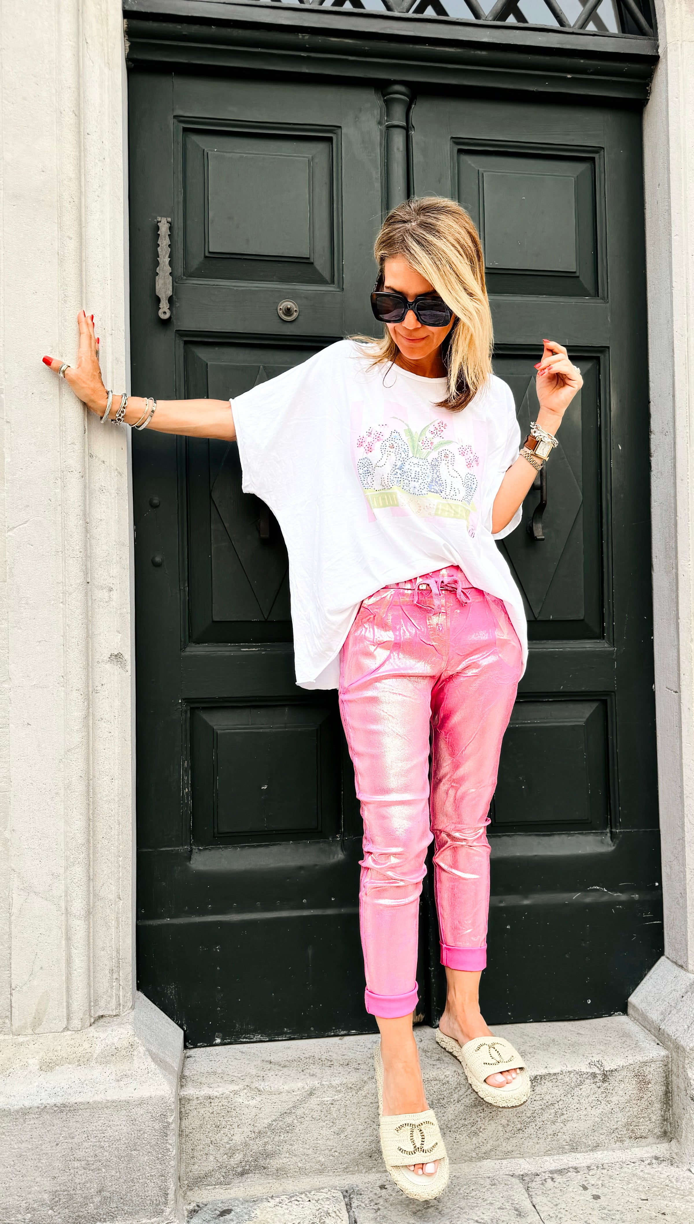 Shine-On Glistening Italian Joggers - Fuchsia/ Silver-180 Joggers-Italianissimo-Coastal Bloom Boutique, find the trendiest versions of the popular styles and looks Located in Indialantic, FL