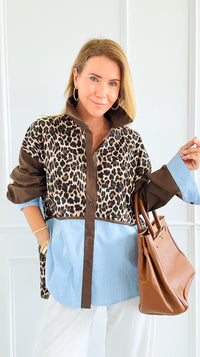 Leopard & Lines Button-Up Italian Blouse-110 Long Sleeve Tops-TATTOO Z-Coastal Bloom Boutique, find the trendiest versions of the popular styles and looks Located in Indialantic, FL