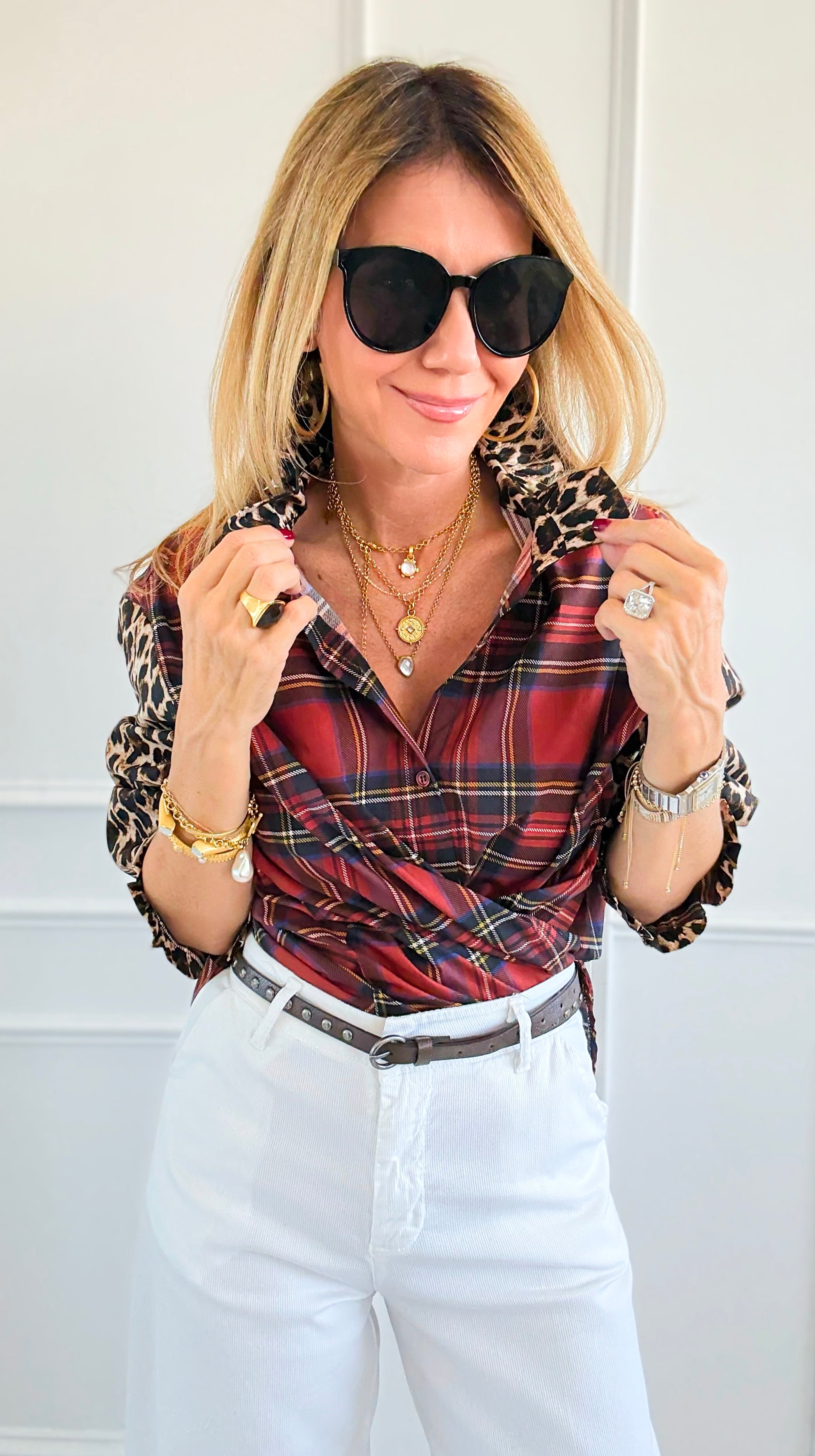 Rebel Ruffled Plaid & Leopard Italian Shirt-110 Long Sleeve Tops-TATTOO Z-Coastal Bloom Boutique, find the trendiest versions of the popular styles and looks Located in Indialantic, FL