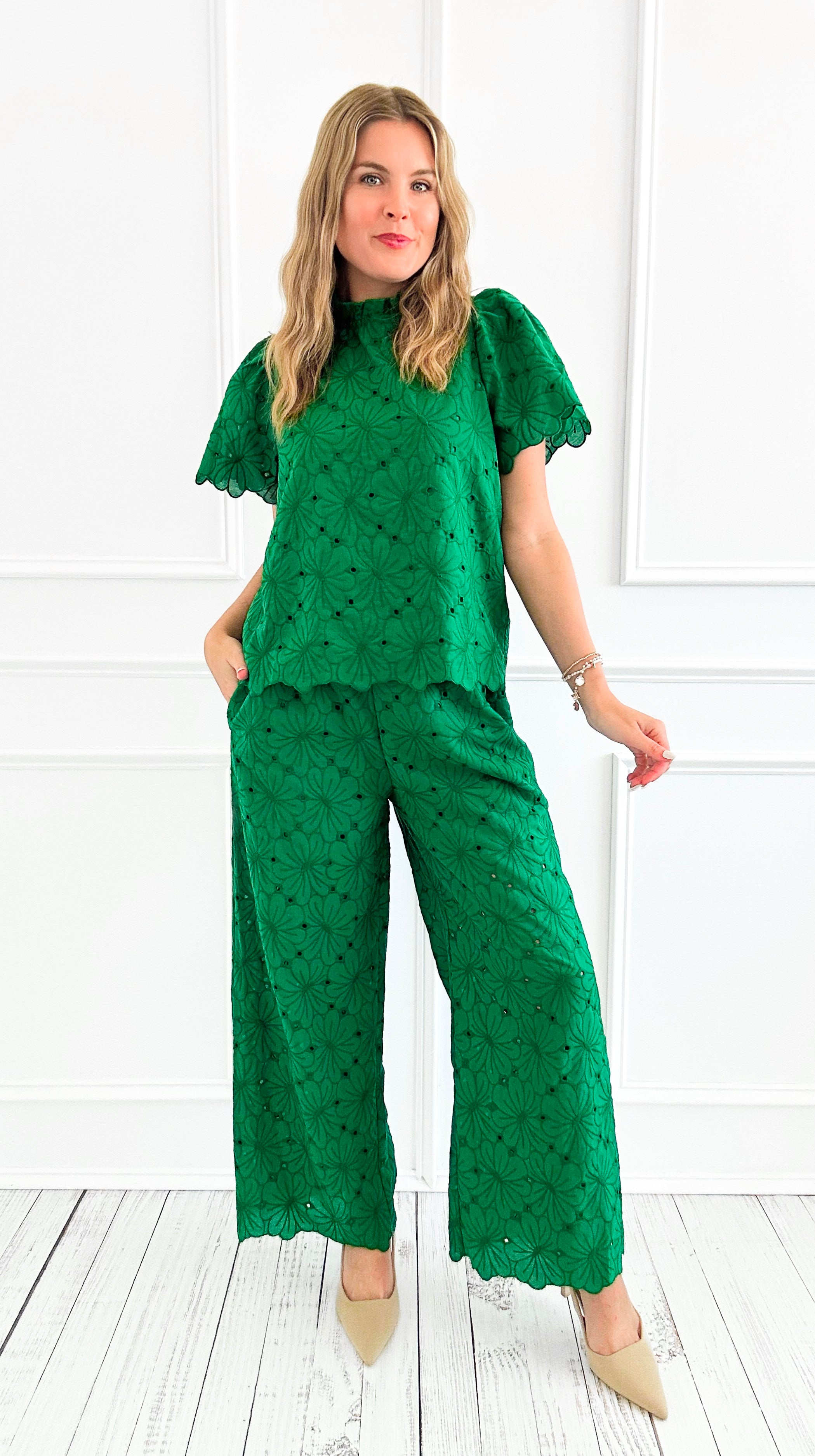 Eyelet Lace Short Sleeve & Pant Set-210 Loungewear/Sets-Fantastic Fawn-Coastal Bloom Boutique, find the trendiest versions of the popular styles and looks Located in Indialantic, FL