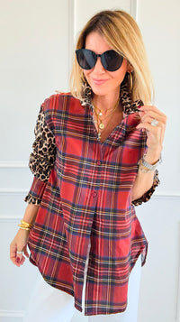 Rebel Ruffled Plaid & Leopard Italian Shirt-110 Long Sleeve Tops-TATTOO Z-Coastal Bloom Boutique, find the trendiest versions of the popular styles and looks Located in Indialantic, FL