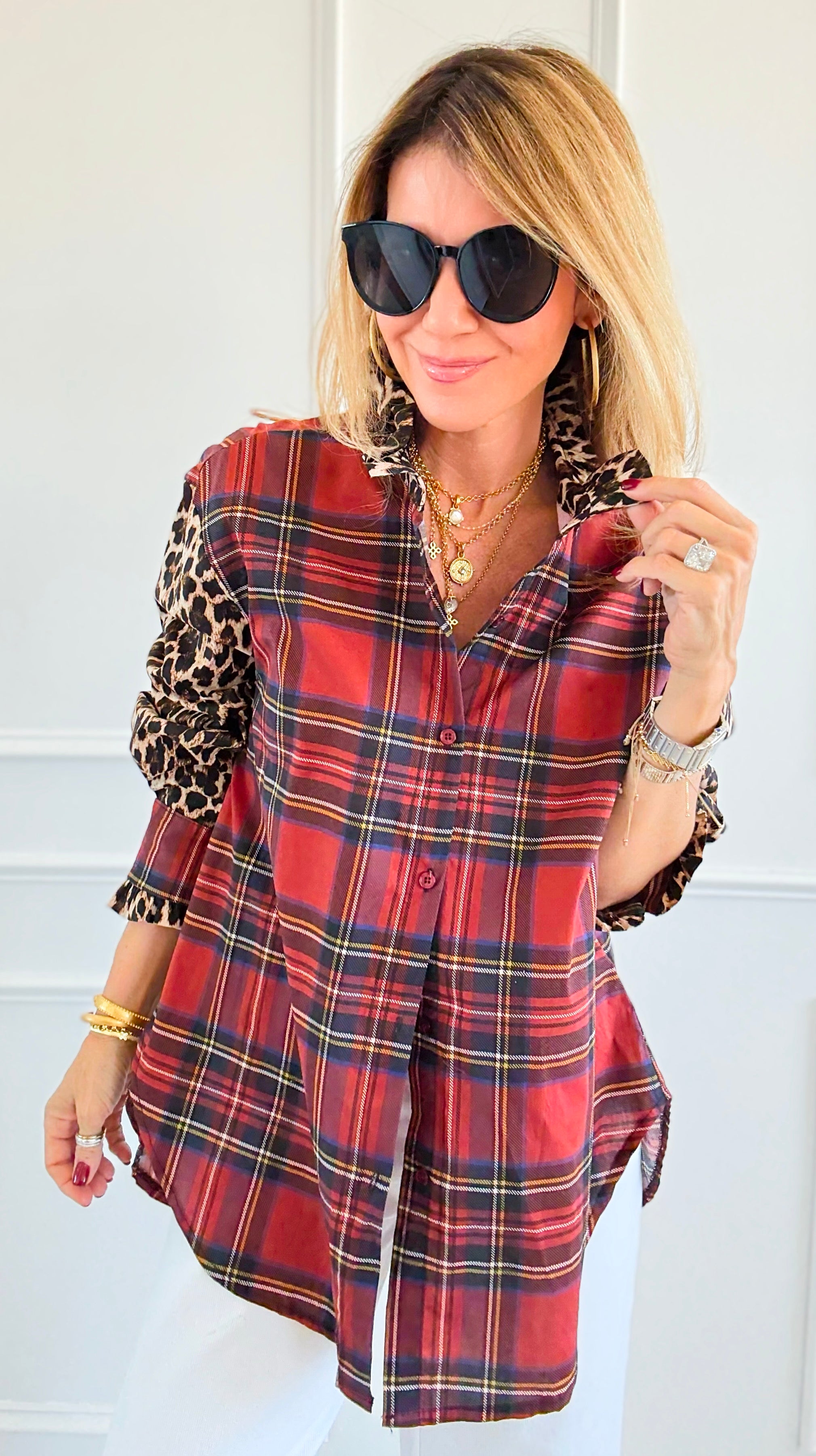 Rebel Ruffled Plaid & Leopard Italian Shirt-110 Long Sleeve Tops-TATTOO Z-Coastal Bloom Boutique, find the trendiest versions of the popular styles and looks Located in Indialantic, FL