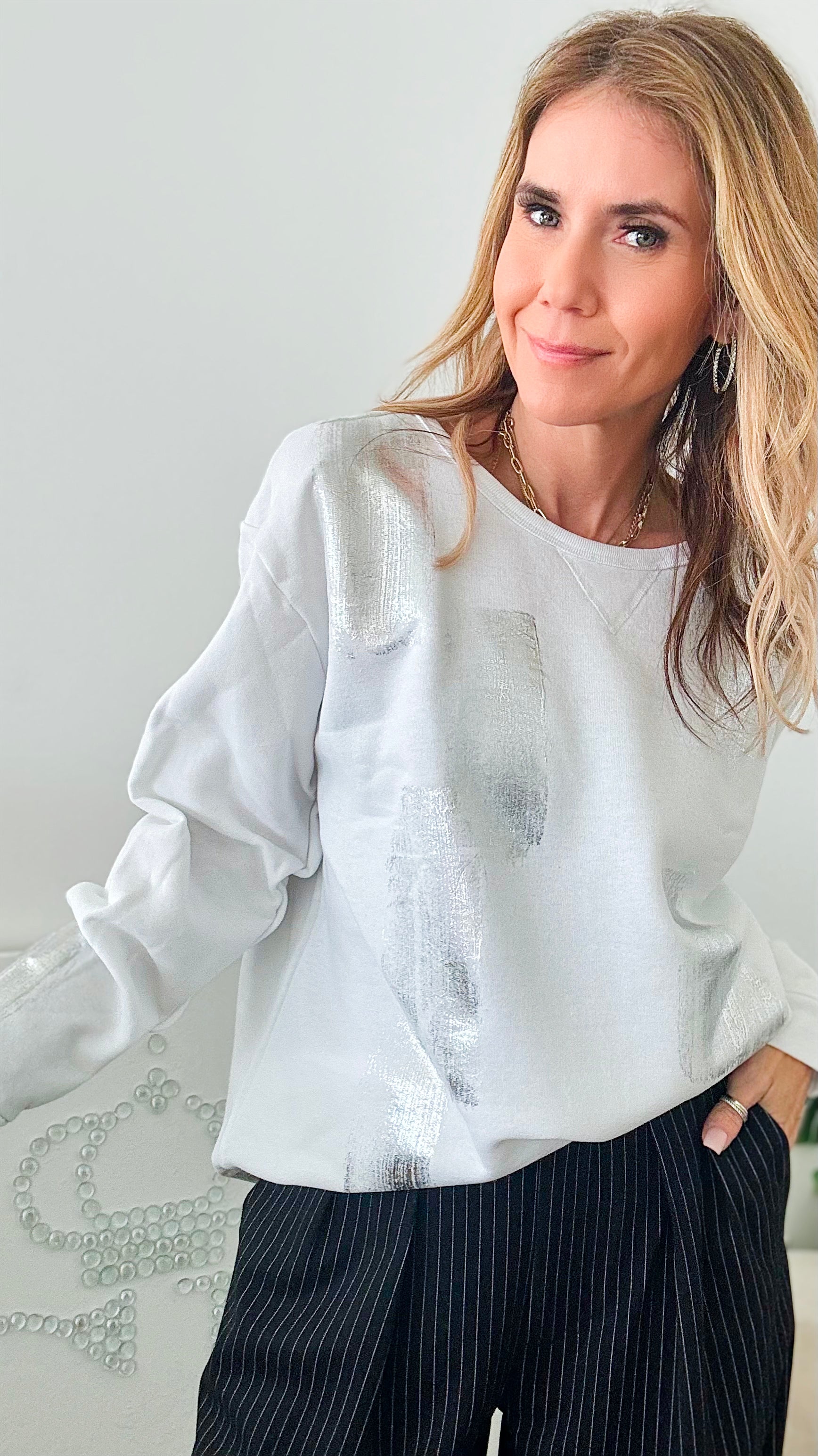 CB Custom Metallic Sweatshirt - White-130 Long Sleeve Tops-Holly-Coastal Bloom Boutique, find the trendiest versions of the popular styles and looks Located in Indialantic, FL