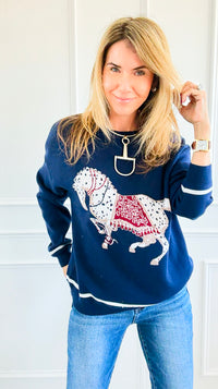 Equestrian Parade Italian Sweater- Navy-140 Sweaters-K2-Coastal Bloom Boutique, find the trendiest versions of the popular styles and looks Located in Indialantic, FL