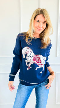 Equestrian Parade Italian Sweater- Navy-140 Sweaters-K2-Coastal Bloom Boutique, find the trendiest versions of the popular styles and looks Located in Indialantic, FL