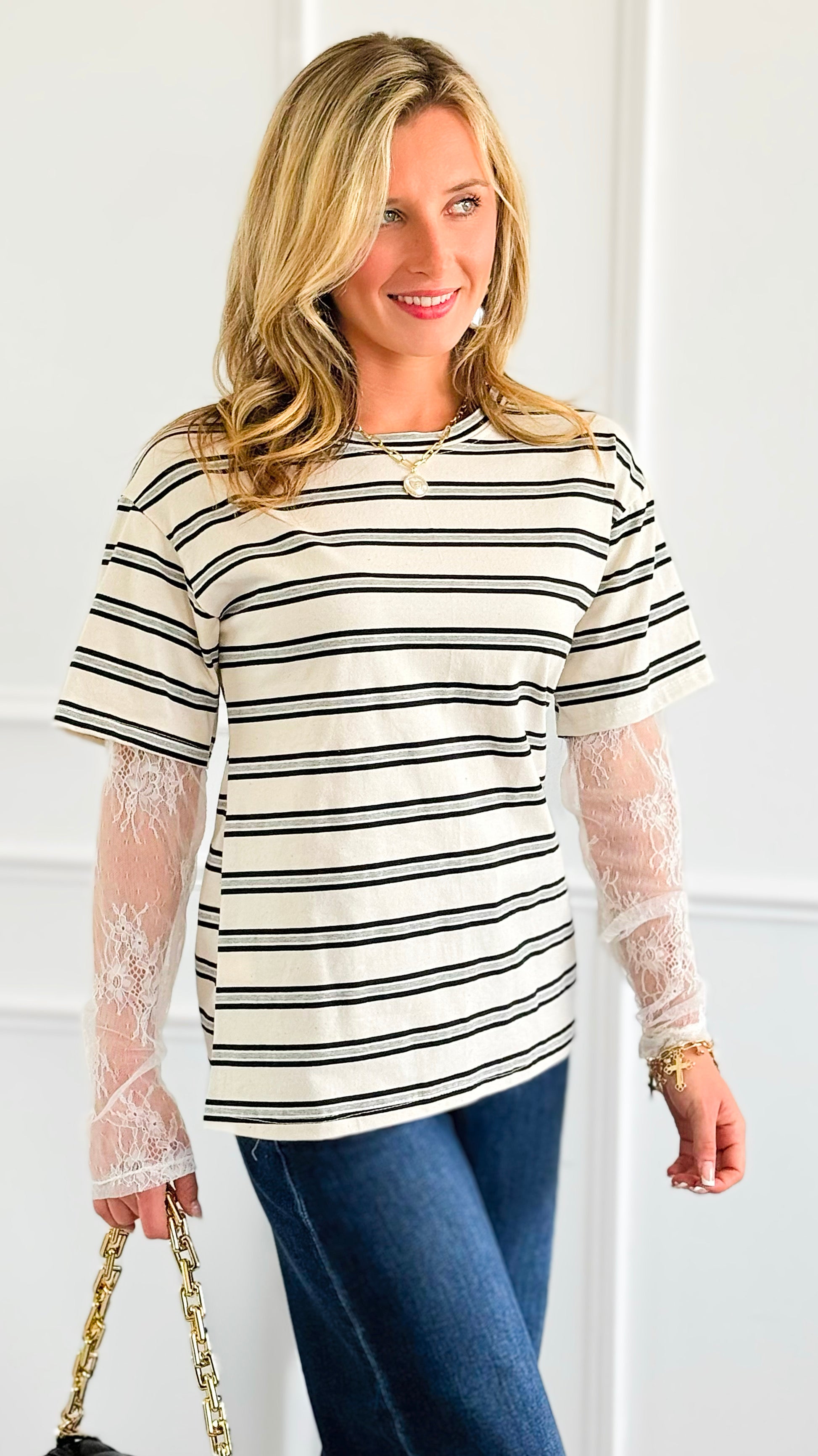 Stripe Contrast Lace Sleeve Italian Top-110 Long Sleeve Tops-Mitica & Co-Coastal Bloom Boutique, find the trendiest versions of the popular styles and looks Located in Indialantic, FL