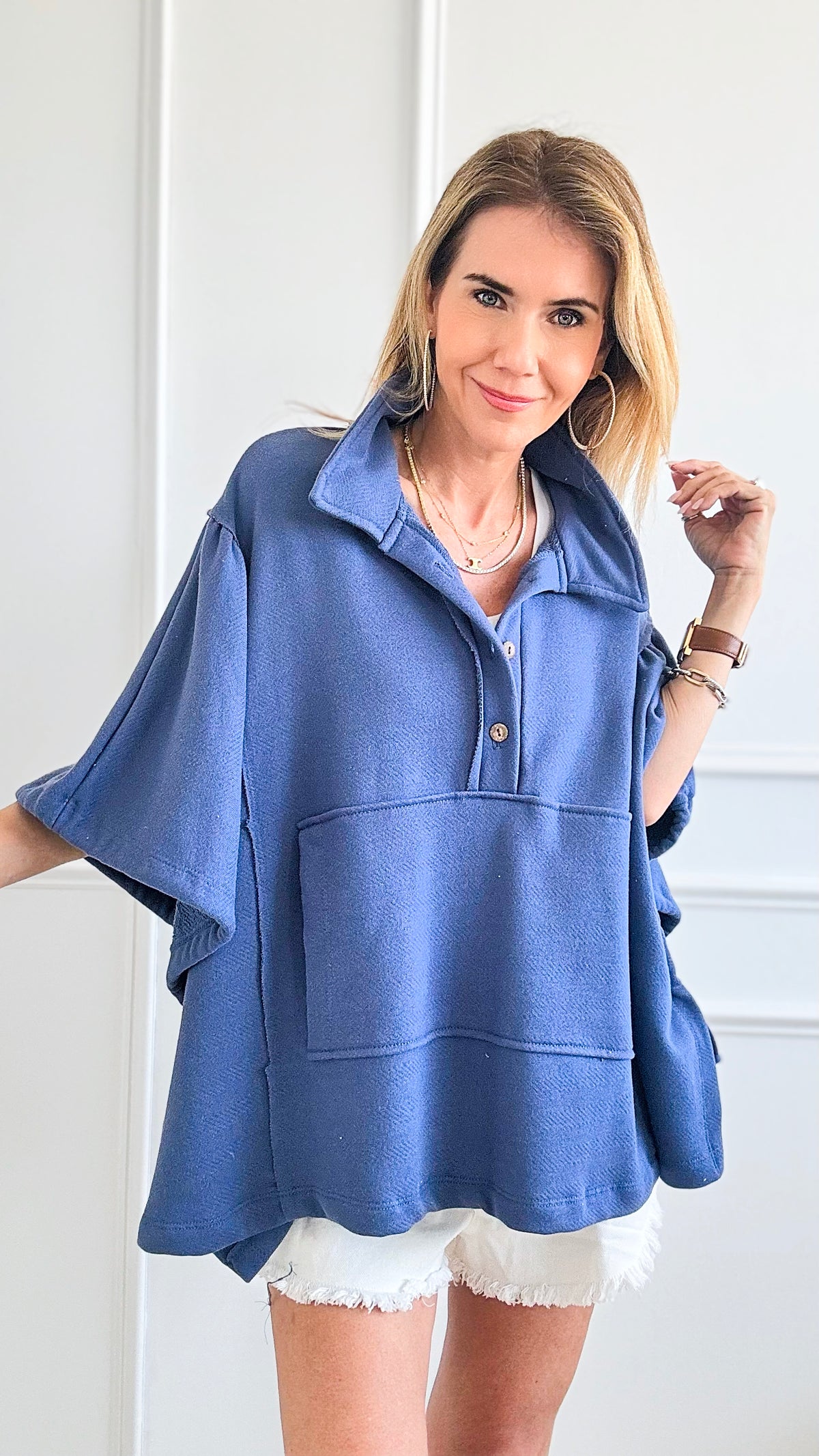 3/4 Drawstring Sleeves Oversized Top - Navy-130 Long Sleeve Tops-BucketList-Coastal Bloom Boutique, find the trendiest versions of the popular styles and looks Located in Indialantic, FL