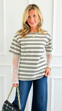 Stripe Contrast Lace Sleeve Italian Top-110 Long Sleeve Tops-Mitica & Co-Coastal Bloom Boutique, find the trendiest versions of the popular styles and looks Located in Indialantic, FL