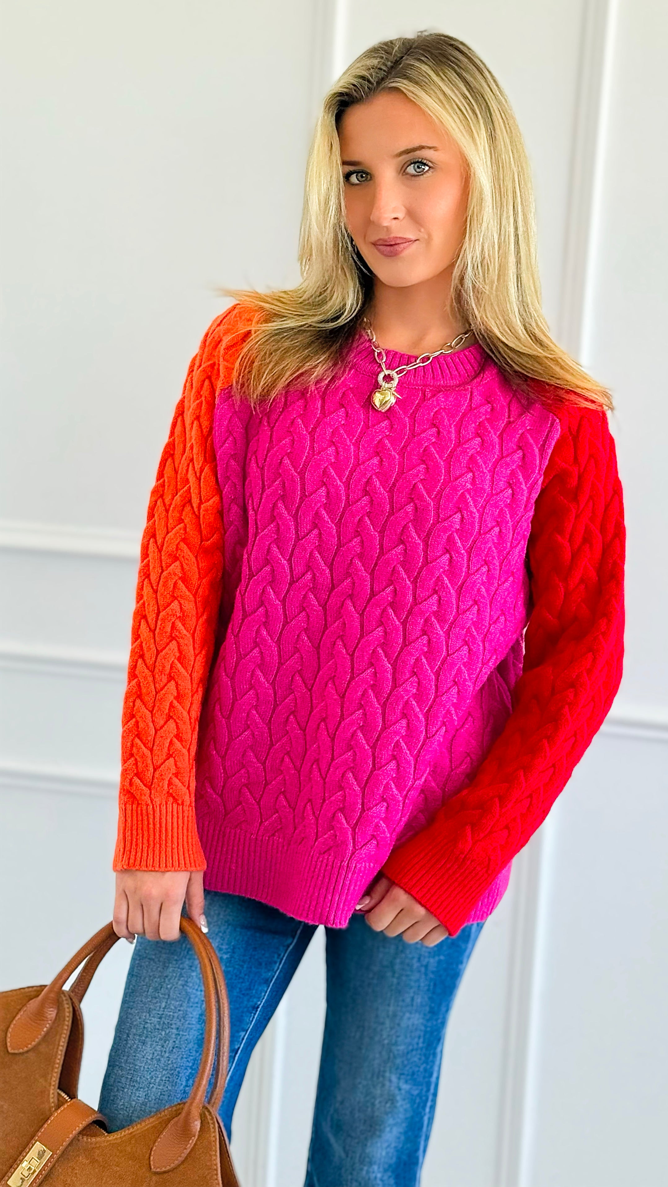 Contrast Colors Cable Knit Sweater-140 Sweaters-ROUSSEAU-Coastal Bloom Boutique, find the trendiest versions of the popular styles and looks Located in Indialantic, FL