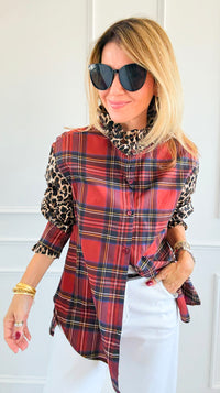 Rebel Ruffled Plaid & Leopard Italian Shirt-110 Long Sleeve Tops-TATTOO Z-Coastal Bloom Boutique, find the trendiest versions of the popular styles and looks Located in Indialantic, FL