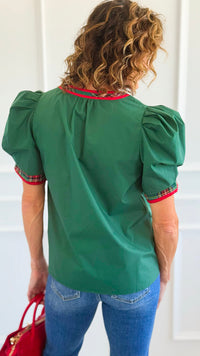 Chic Holiday Plaid Trim Blouse - Green-110 Short Sleeve Tops-entro-Coastal Bloom Boutique, find the trendiest versions of the popular styles and looks Located in Indialantic, FL