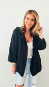 Sundown Hooded Italian Jacket - Black-160 Jackets-Italianissimo-Coastal Bloom Boutique, find the trendiest versions of the popular styles and looks Located in Indialantic, FL