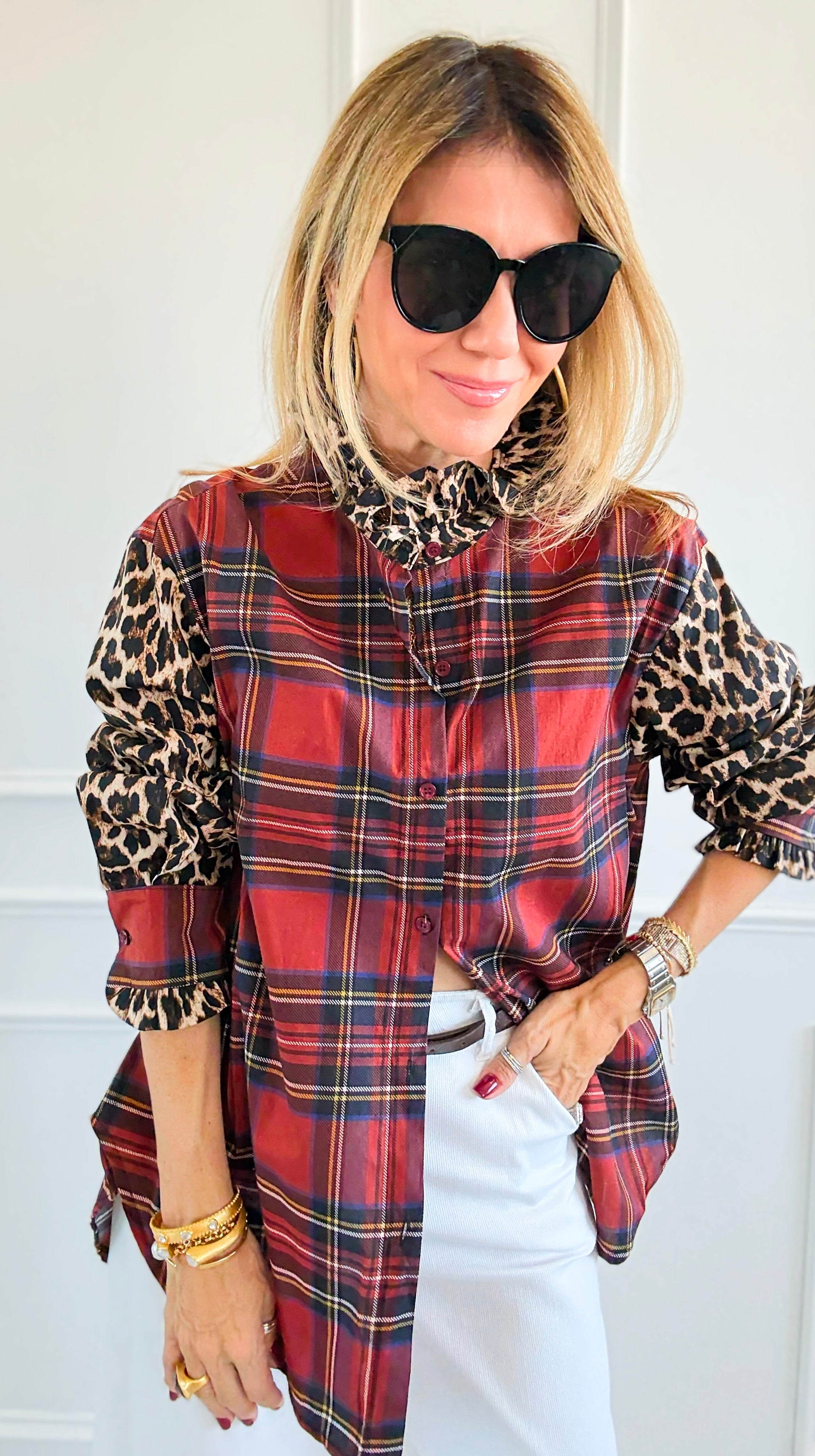 Rebel Ruffled Plaid & Leopard Italian Shirt-110 Long Sleeve Tops-TATTOO Z-Coastal Bloom Boutique, find the trendiest versions of the popular styles and looks Located in Indialantic, FL