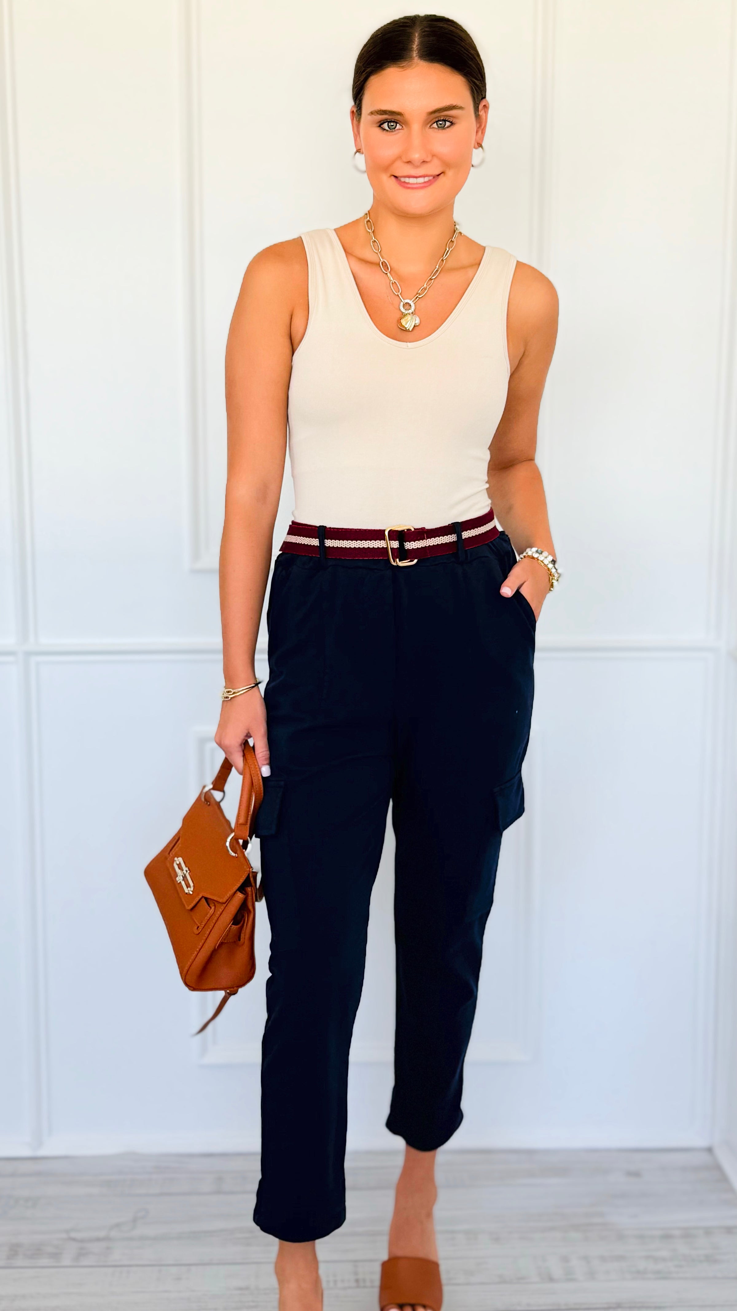 Trendy Belted Cargo Italian Jogger Pants- Navy-100 Pants-AZUL MONACO-Coastal Bloom Boutique, find the trendiest versions of the popular styles and looks Located in Indialantic, FL