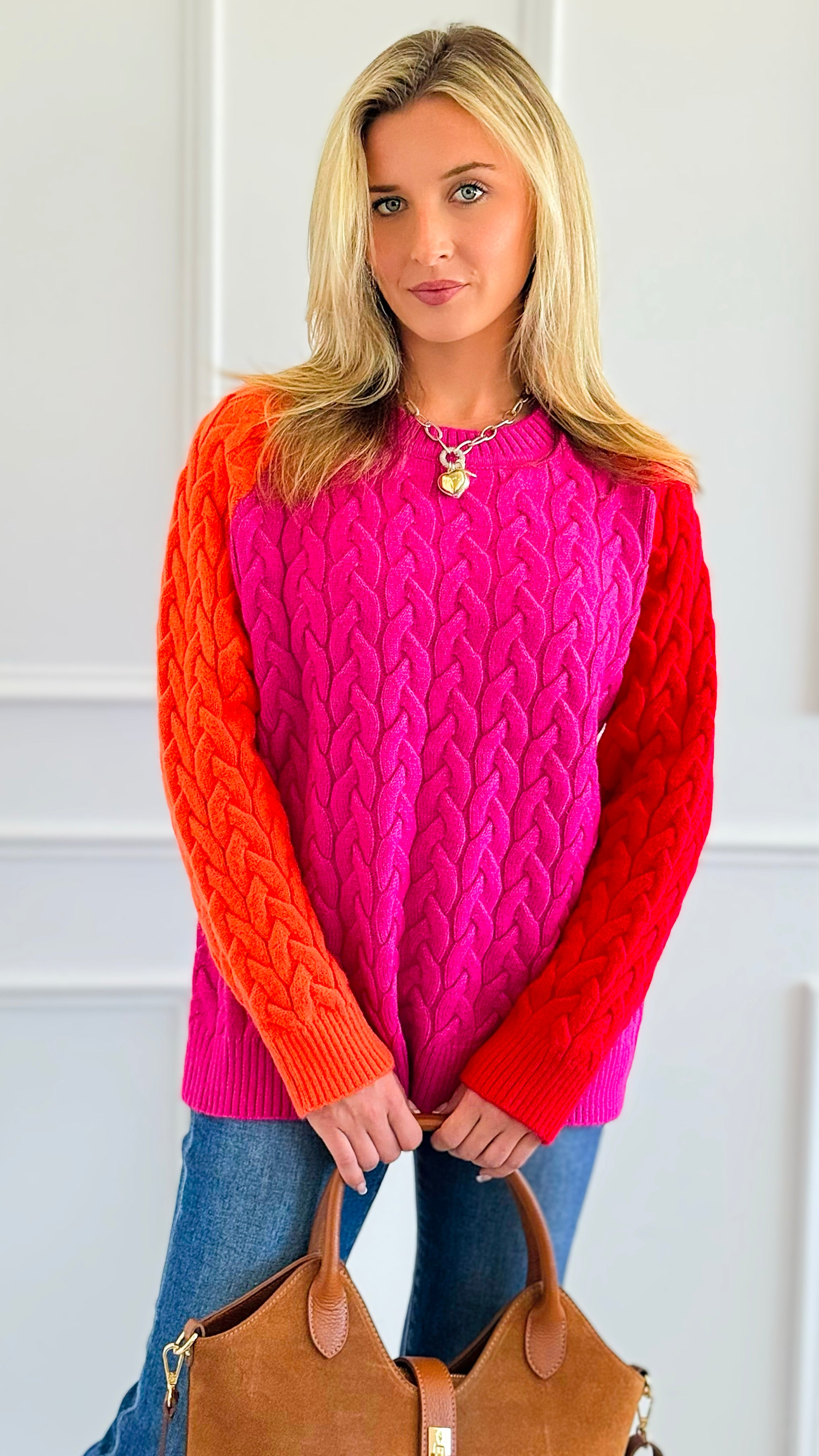 Contrast Colors Cable Knit Sweater-140 Sweaters-ROUSSEAU-Coastal Bloom Boutique, find the trendiest versions of the popular styles and looks Located in Indialantic, FL