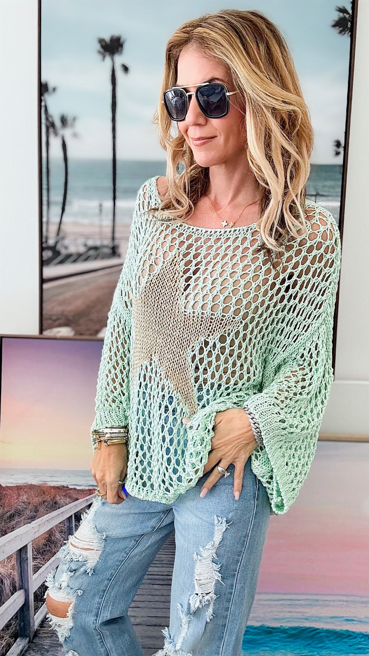 Shining Star Italian Chain Sweater - Mint /Gold-140 Sweaters-Germany-Coastal Bloom Boutique, find the trendiest versions of the popular styles and looks Located in Indialantic, FL
