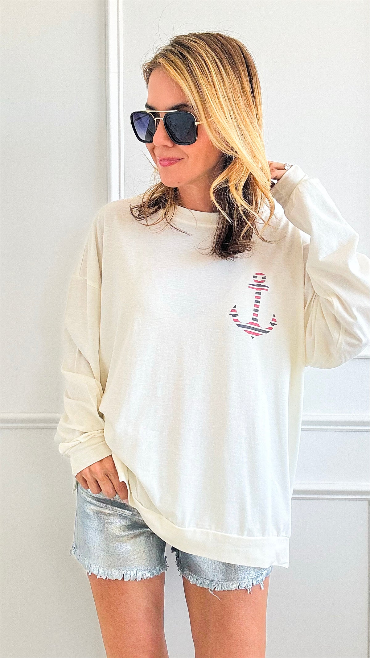 Striped Anchor Print Long Sleeve Tee-130 Long Sleeve Tops-Phil Love-Coastal Bloom Boutique, find the trendiest versions of the popular styles and looks Located in Indialantic, FL