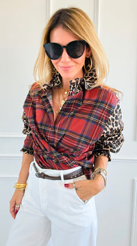 Rebel Ruffled Plaid & Leopard Italian Shirt-110 Long Sleeve Tops-TATTOO Z-Coastal Bloom Boutique, find the trendiest versions of the popular styles and looks Located in Indialantic, FL